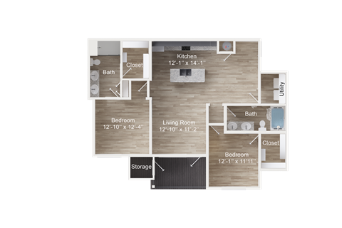 Floor plan for 2 beds, 2 baths, 1152 sqft